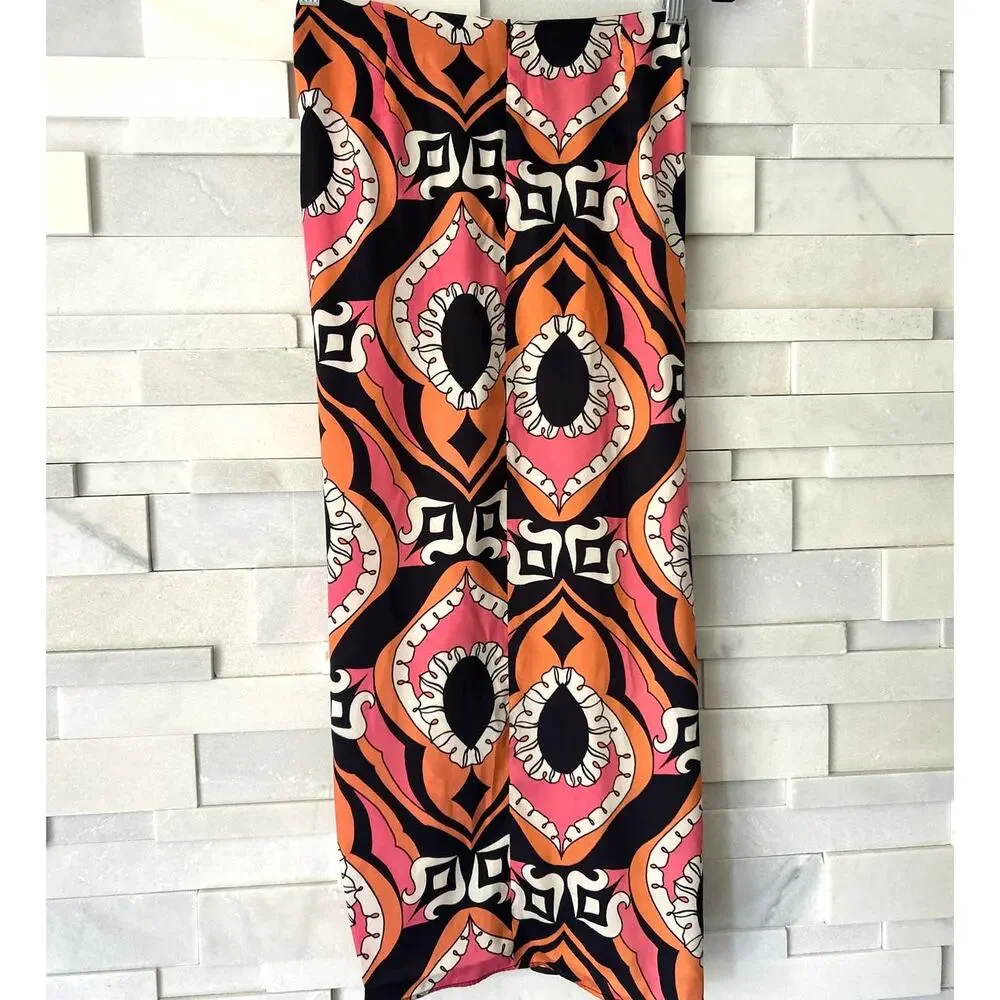 ZARA NWT Matte Satin Tribal Geo Print Pink Brown Faux Wrap Midi Skirt XS